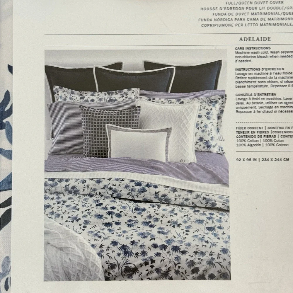 Ralph Lauren Adelaide Floral Queen Duvet Cover 100% Cotton‎ Sateen Blue NWT $355